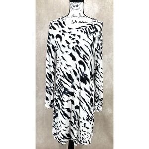 Pieces by Kensie Animal Print Swing Shirt Dress Size XL Black White Long Sleeve